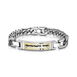 PULSERA HOMBRE CORTINA ACERO CON CRUZ Y PLACA ORO JOYA NEW 3038
