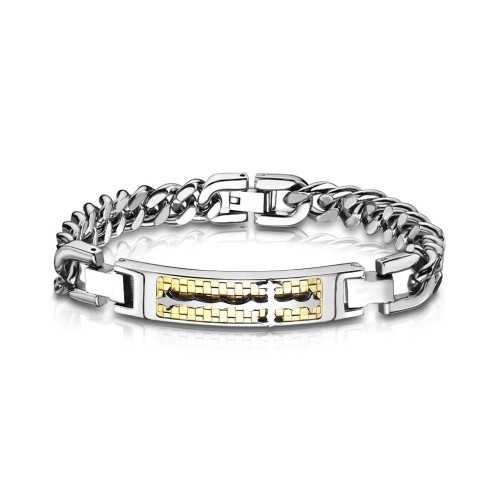 PULSERA HOMBRE CORTINA ACERO CON CRUZ Y PLACA ORO JOYA NEW 3038