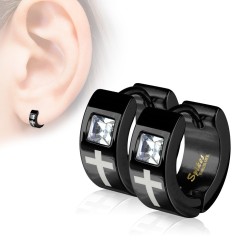 Paire de boucle d'oreilles homme croix gravée et diams pierre carrée blanche