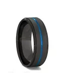 Men\'s Black Tungsten Carbide Ring Groove Center Blue Line