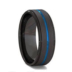 Anillo de hombre Carburo de tungsteno negro Ranura central Línea azul