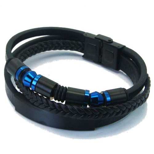 Bracciale Bracciale Blue in pelle Bracciale Cordoni tripli e chiusura in acciaio nero