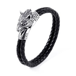Fenrir Viking Wolf Head Pulsera de cuero para hombre con cierre de acero inoxidable