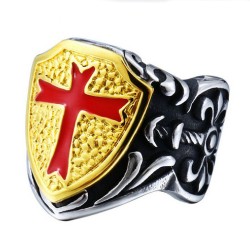 Anello con sigillo uomo in acciaio stemma dorato scudo medievale croce rossa templare