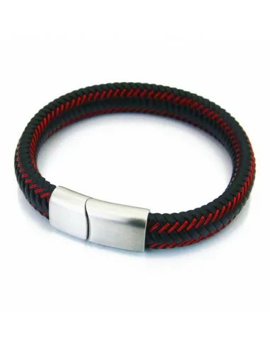 Herrenarmband aus rotem und schwarzem Leder und Rugby-Fußball-Stahlverschluss