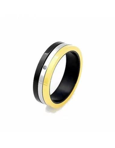 Bague anneau homme acier trois bandes accolées couleurs or argent noire zircon