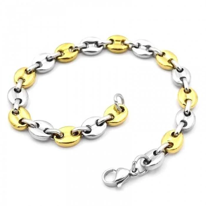 Bracelet Grain De Café Bicolore Argent/or - Acier Inoxydable, Largeur 7 Mm, Longueur 21 Cm - Marque BOBIJOO, Livré Dans Un Pochon - 7