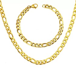 Men's bracelet and chain set, stainless steel, gold, figaro mesh, width of your choice