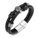 Bracelet homme cuir tressé double cordons et fermoir acier crane biker