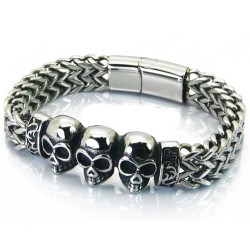 Bracelet gourmette homme acier trois têtes de morts double maille w biker