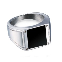 Black steel ring for men set with a black onyx