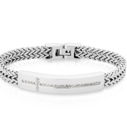 Herren-V-Kettenarmband aus Stahl mit Kristallkreuzplatte, 22 cm