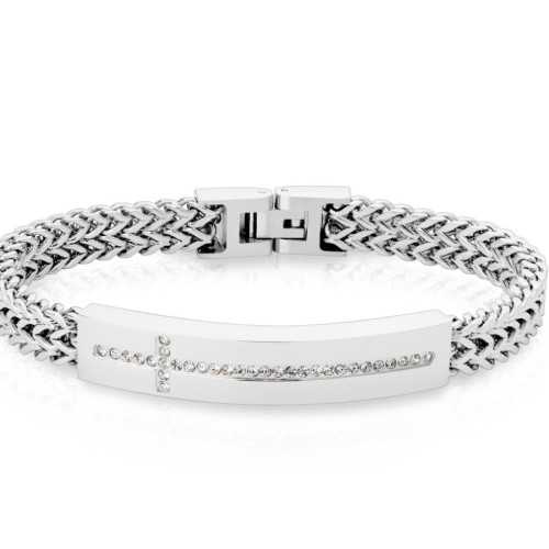 Herren-V-Kettenarmband aus Stahl mit Kristallkreuzplatte, 22 cm