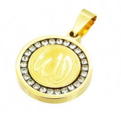 Pendentif femme acier plaqué or cristaux rond allah musulman arabe
