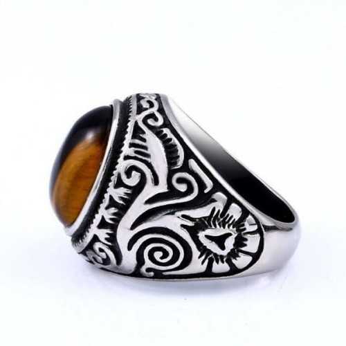 Bague chevalière homme acier couleur argent tribal et oeil de tigre