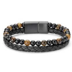 Zweireihiges geflochtenes Lederarmband für Herren mit Naturstein-Tigerauge