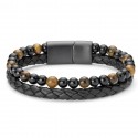 Bracelet homme double rang cuir tressé pierre naturelle oeil de tigre