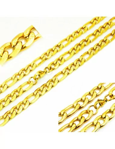Bracciale e catena in maglia figaro da uomo in acciaio inossidabile dorato effetto sabbiato oro