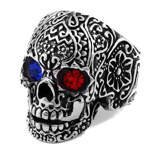 Ring man steel head of death eyes diamond red and blue france biker