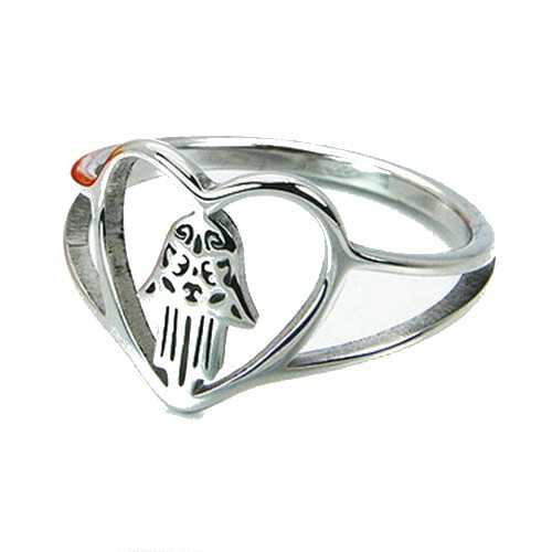 Anello donna mano di Fatma Hamsa Miriam cuore scolpito in acciaio inossidabile