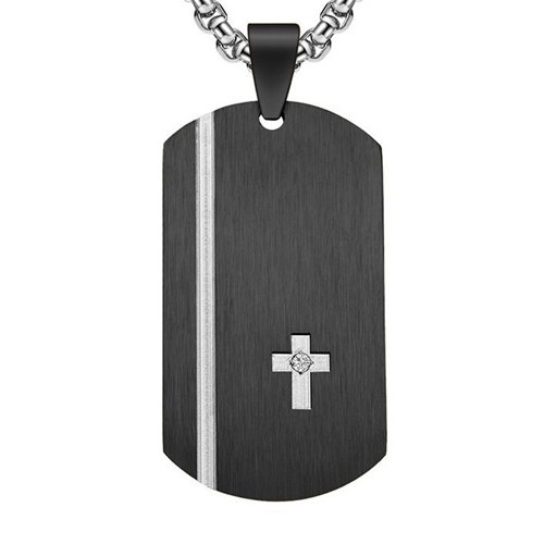 Pendentif homme plaque militaire en acier noir chic sobre croix latine zircon