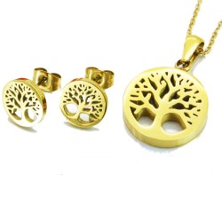 Ornamento catena pendente e orecchini donna medaglione albero della vita in acciaio color oro