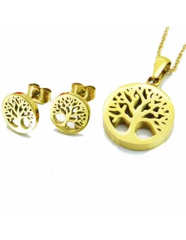 Ornamento catena pendente e orecchini donna medaglione albero della vita in acciaio color oro