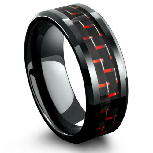 Bague anneau homme acier couleur noir fibre de carbone rouge et noir à graver