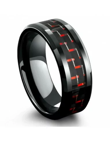 Bague anneau homme acier couleur noir fibre de carbone rouge et noir à graver