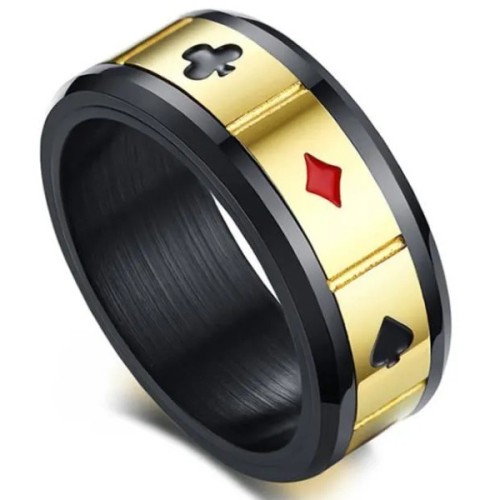 Bague anneau homme en acier couleur noir et doré rotative spin cartes de poker