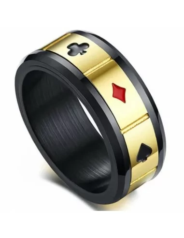 Bague anneau homme en acier couleur noir et doré rotative spin cartes de poker