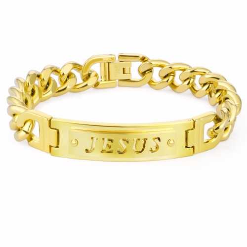 Bracciale uomo catena maglia cubana acciaio placcato oro incisione JESUS 21cm