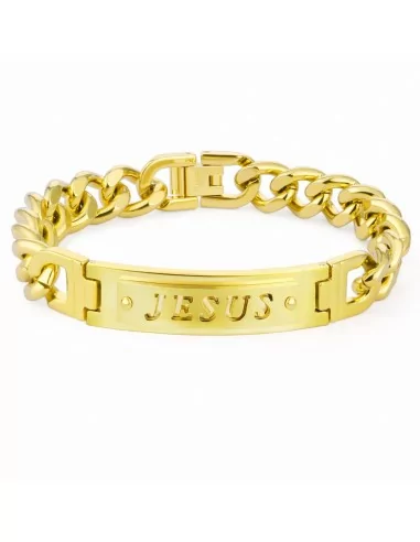 Bracelet gourmette maille cubaine homme acier plaque doré gravure JESUS 21cm
