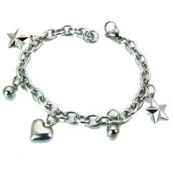 Bracciale donna acciaio maglia ovale charms stella sfere cuore 19cm