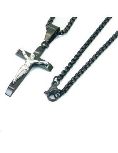 Ciondolo croce gesù cristo crocifisso da uomo in acciaio nero e catena inclusa