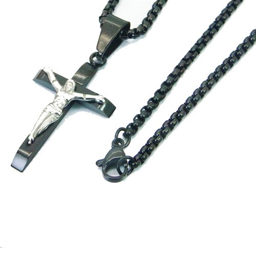 Pendentif homme croix jesus christ crucifié en acier noir et chaine incluse
