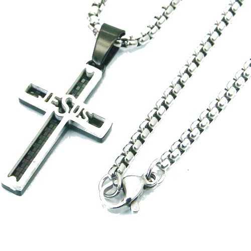 Men's pendant cross jesus steel and carbon black and chain included