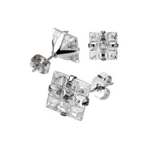 PAIR OF EARRINGS FOR MEN WOMEN TEEN STEM CLASP STEEL 9 SQUARE ZIRCON DIAMS WHITE NEW diameter 5mm 6mm 7mm