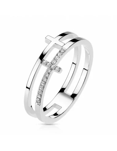 Anillo de mujer anillo acero color plata abierto doble cruz circonitas