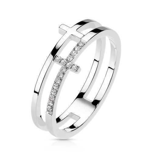 Ring Ring Female Steel Color Open Silver Double Cross Zircons