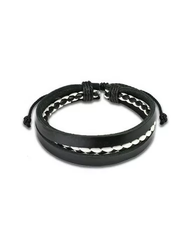 Bracelet réglable homme cuir triple liens couleur tresse noir et blanc