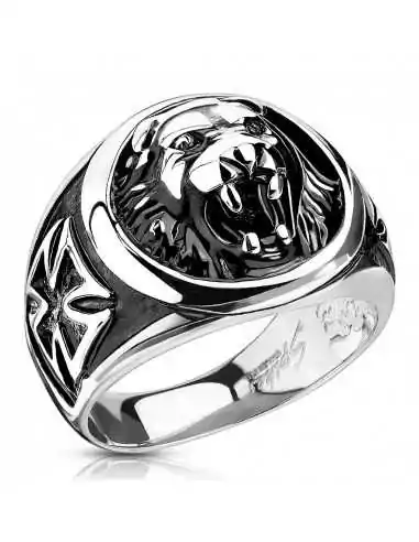 Ring for men solid steel cross Celtic Maltese head lion