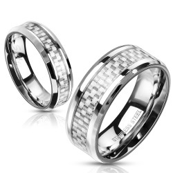 Bague anneau pour homme en acier et bande fibre de carbone blanche