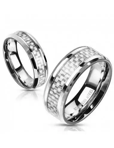 Anello anello da uomo in acciaio e fascia in fibra di carbonio bianca