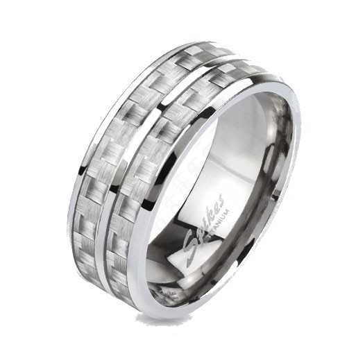 Bague anneau homme titane et 2 bandes fibre de carbone blanche argenté