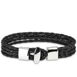 BRACELET FOR MEN WOMEN ADO 4 LINKS IN BLACK BRAIDED LEATHER AND NEW STEEL CLASP ►76