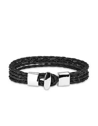 BRACELET FOR MEN WOMEN ADO 4 LINKS IN BLACK BRAIDED LEATHER AND NEW STEEL CLASP ►76
