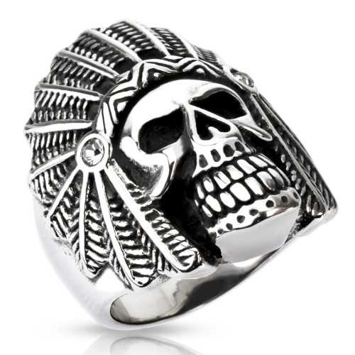 Bague pour homme acier skull tête de mort chef indien apache gothique