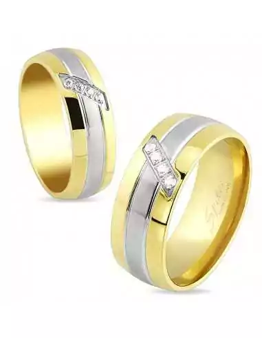 Bague anneau fiançailles couple femme homme acier et plaqué or zircon