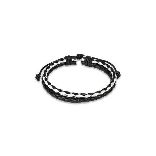 Bracelet homme ado cuir double tresses réglable couleur noir et blanc